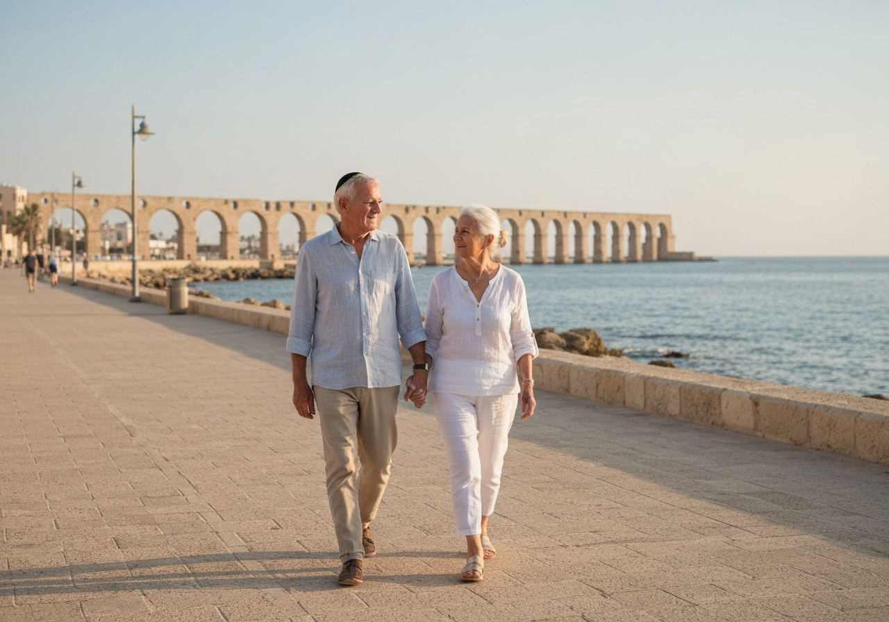 Retirees enjoying a garden in Caesarea
