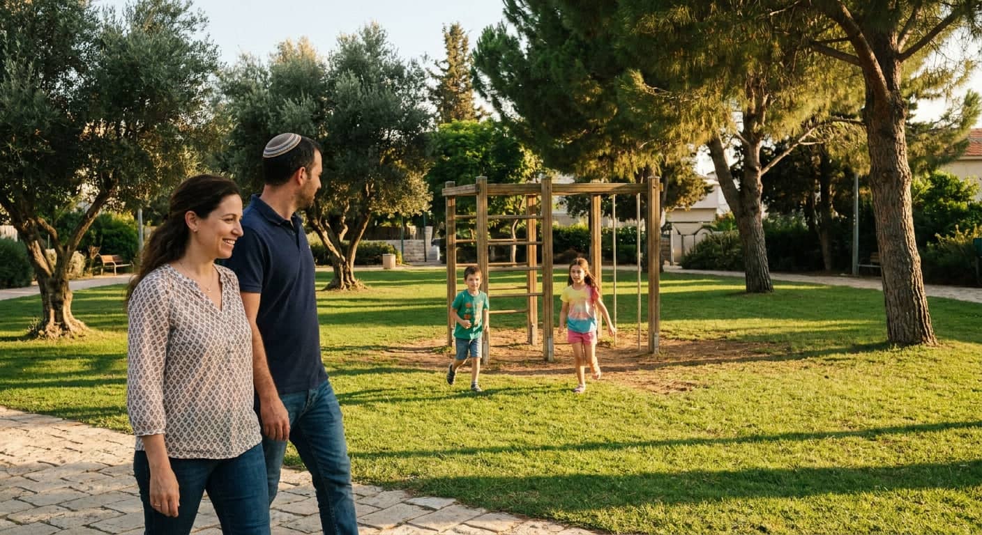 Family enjoying community life in Zichron Yaakov