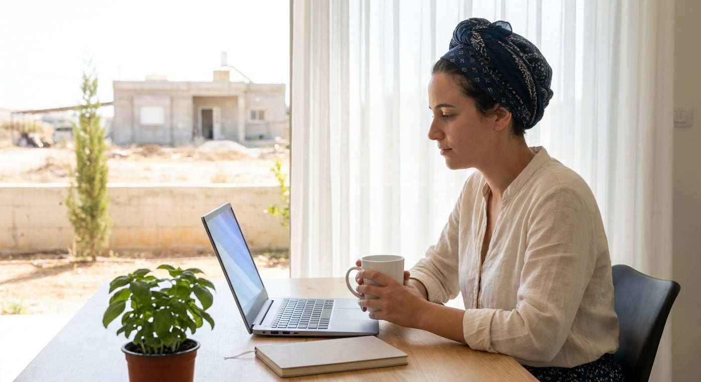 A remote worker in a home office in Ahi'ezer