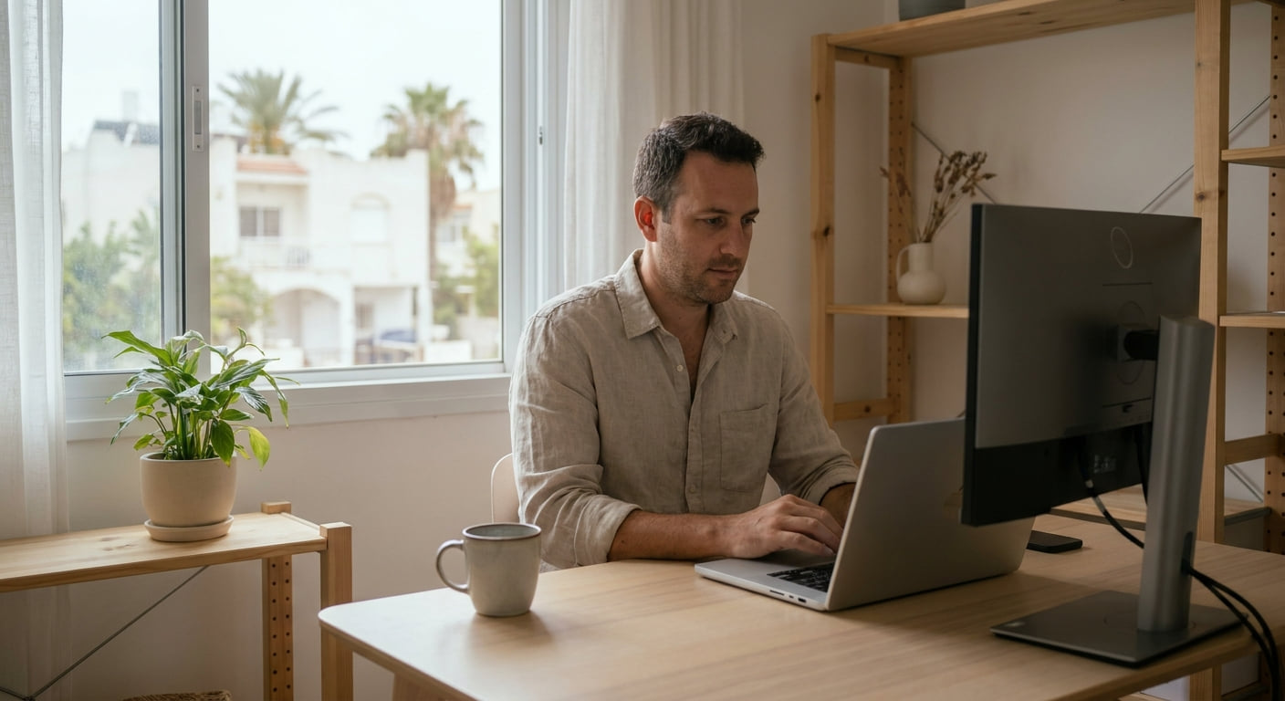 Remote worker with a laptop in a serene setting