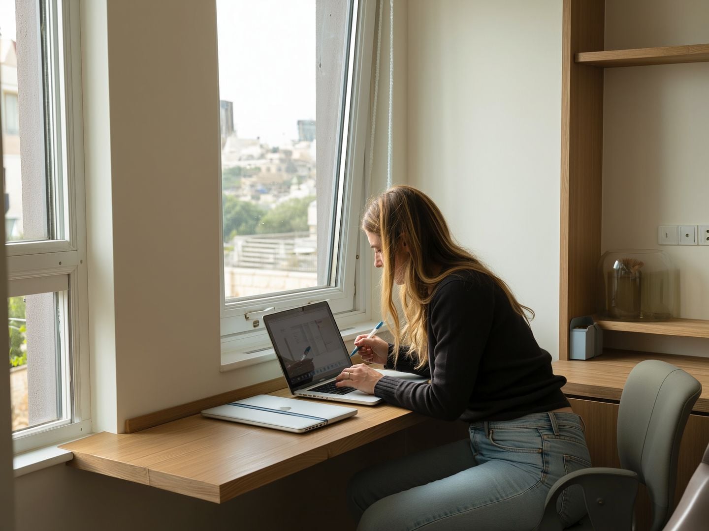 A remote worker in a home office in Givatayim