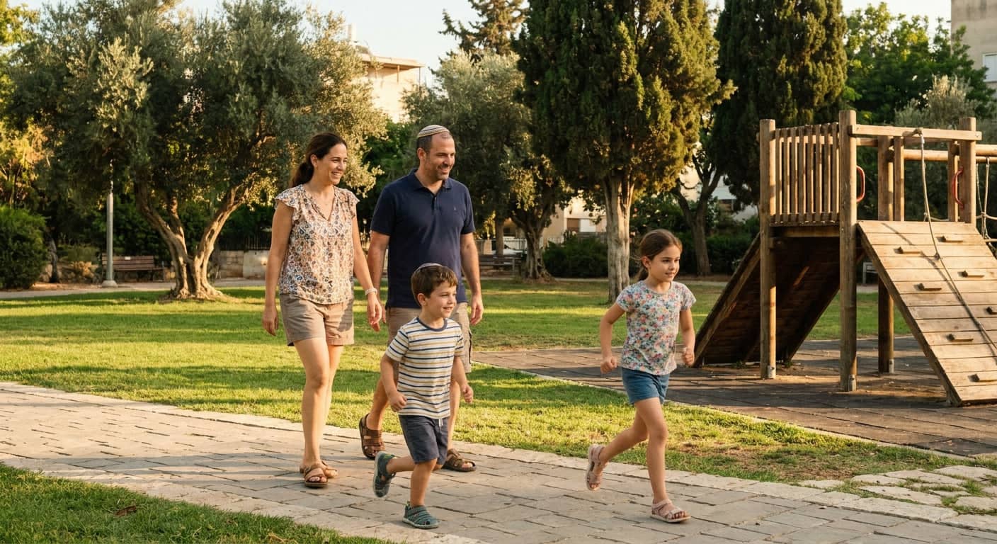 Family-friendly neighborhood scene in Tel Aviv
