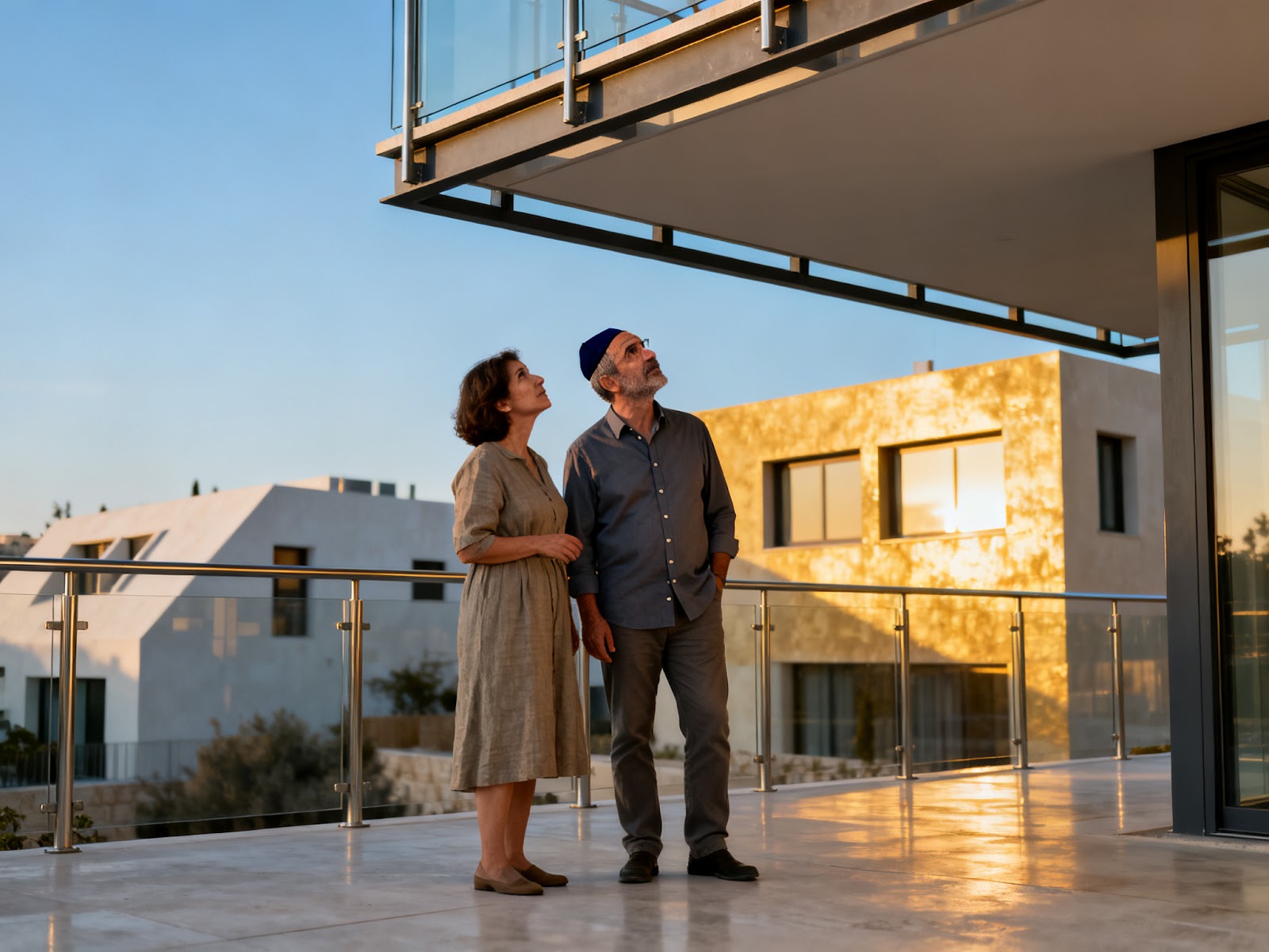 A couple looking at property plans in Givat Harel